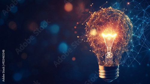 Electric light bulb bright polygonal connections on a dark blue background. Technology concept innovation artificial intelligence brainstorming business success
