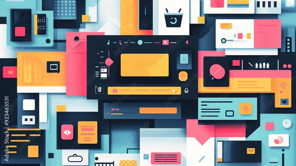 A flat art illustration of an eCommerce website interface showing product icons and a Buy Now button, designed with vibrant colors and a modern aesthetic high detailed A flat art illustration of an eCommerce website interface showing product icons and a Buy Now button, designed with vibrant colors and a modern aesthetic high detailed