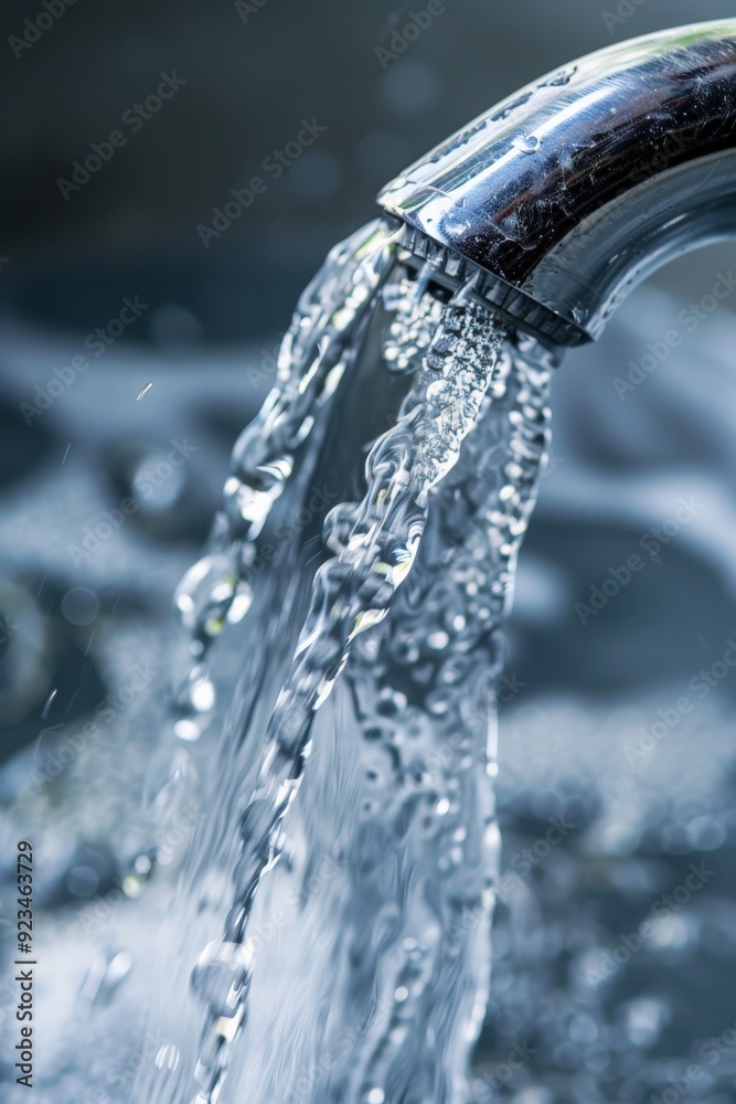 Clear, fresh water flows from a sleek, modern silver faucet into a shiny, reflective sink in a bright setting, symbolizing purity, cleanliness, and the refreshment of a daily routine. Clear, fresh water flows from a sleek, modern silver faucet into a shiny, reflective sink in a bright setting, symbolizing purity, cleanliness, and the refreshment of a daily routine.