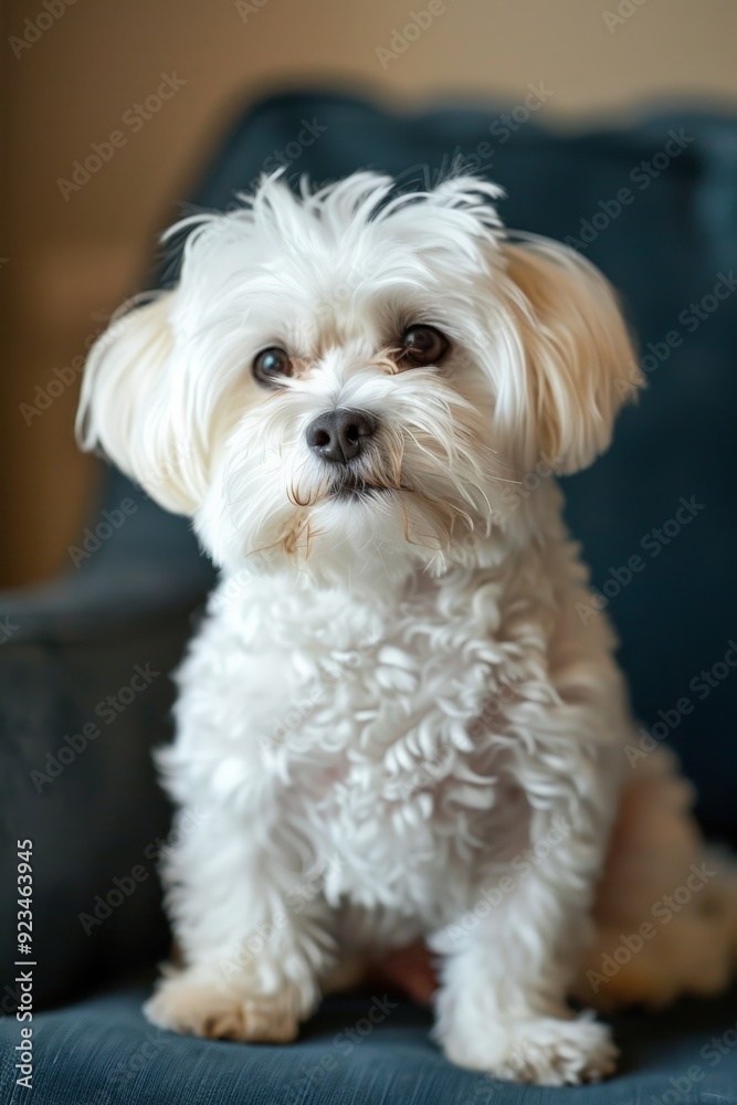 A white fluffy dog sits elegantly on a blue couch, giving a cozy feeling of home with the pet's adorable, clean fur contrasting against the deep color of the couch. A white fluffy dog sits elegantly on a blue couch, giving a cozy feeling of home with the pet's adorable, clean fur contrasting against the deep color of the couch.