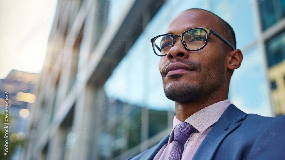 A confident businessman wearing glasses and a suit stands outside a modern glass building, looking determined and focused, representing professional success. A confident businessman wearing glasses and a suit stands outside a modern glass building, looking determined and focused, representing professional success.
