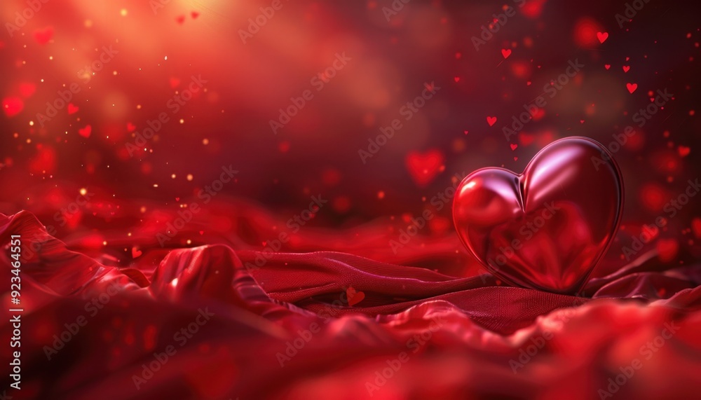 Heart surrounded by red fabric and floating hearts during a romantic setting Heart surrounded by red fabric and floating hearts during a romantic setting