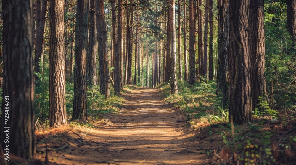 Obraz premium A scenic dirt pathway cuts through a dense forest of towering pine trees, inviting a tranquil walk through nature and a connection to the serene, natural world.