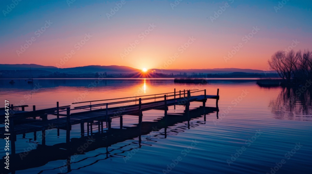 A breathtaking sunset view over a serene lake, featuring a wooden pier extending outward into the calm water, capturing the perfect moment of day transitioning into night. A breathtaking sunset view over a serene lake, featuring a wooden pier extending outward into the calm water, capturing the perfect moment of day transitioning into night.