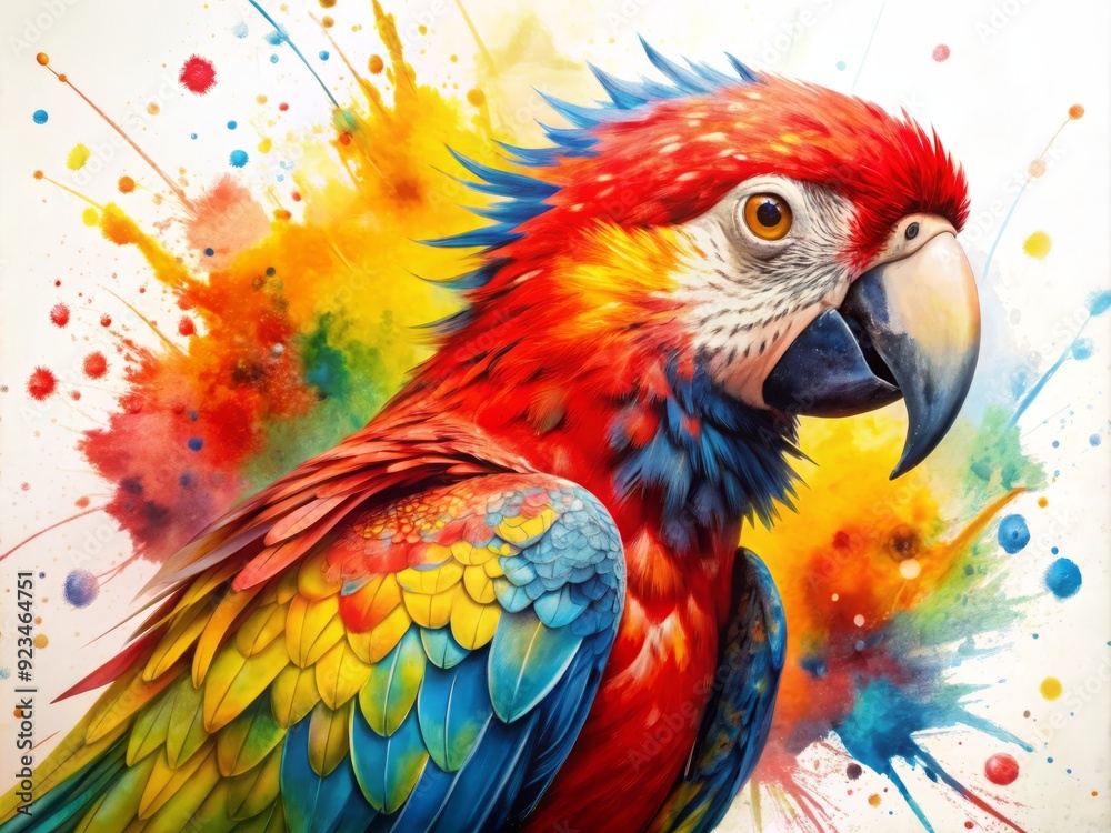 Fototapeta premium A vibrant painting of a parrot with bright red, yellow, and blue feathers. The background is a white canvas with colorful paint splatters.