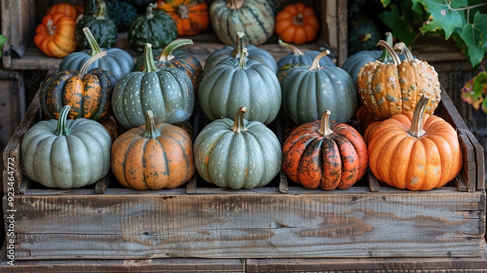 autumn pumpkins in wooden box. autumn pumpkins in wooden box.