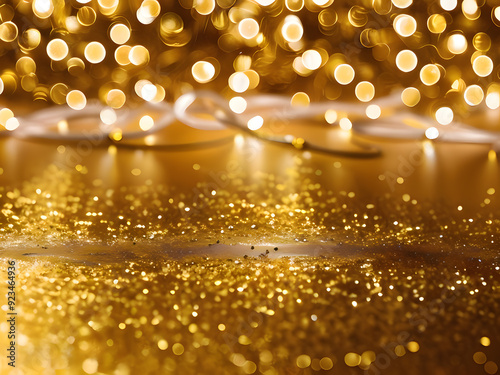 festive scene featuring golden and silver glittery gold surface. The background is also gold with bokeh lights creating a warm, celebratory atmosphere
