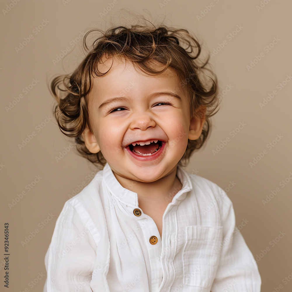 Adorable Toddler Laughing in a White Shirt Against a Neutral Background Adorable Toddler Laughing in a White Shirt Against a Neutral Background