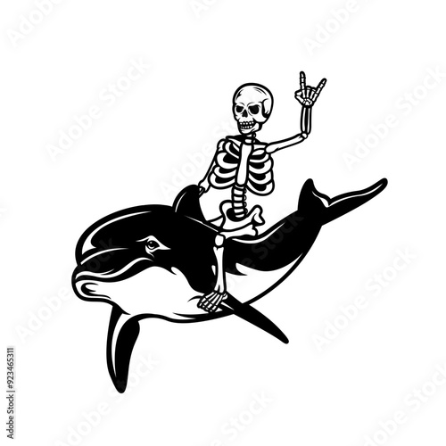 Dolphin | Skeleton Riding Dolphin | Aquatic Fish | Wild Animal | Marine Life | Skeleton with Dolphin | Skull Rider | Dead Fisherman | Original Illustration | Vector and Clipart | Cutfile and Stencil