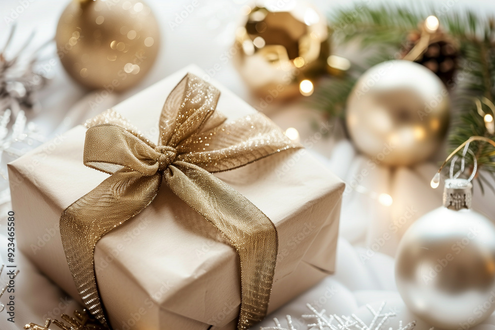 Luxury beige gift box with satin ribbon bow, Christmas decorations in background. Luxury beige gift box with satin ribbon bow, Christmas decorations in background.