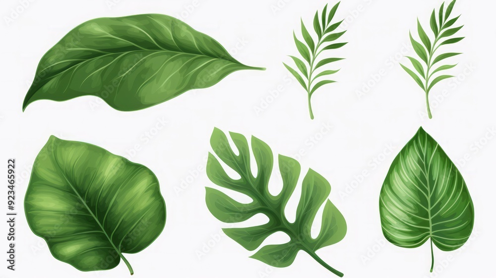 Set of Tropical leaves isolated on white background. Beautiful tropical exotic foliage. Neural network ai generated art Set of Tropical leaves isolated on white background. Beautiful tropical exotic foliage. Neural network ai generated art