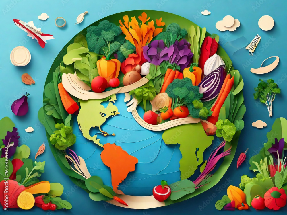 GENERATIVE AI, Culinary tourism concept vector illustration. Paper cut craft style planet Earth globe and healthy fresh vegetables. Cooking food ingredients. Gastronomic tour. Travel food experience. GENERATIVE AI, Culinary tourism concept vector illustration. Paper cut craft style planet Earth globe and healthy fresh vegetables. Cooking food ingredients. Gastronomic tour. Travel food experience.