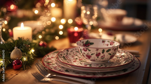 Festive table setting with Christmas-themed dinnerware and candles, glowing softly in the evening light.