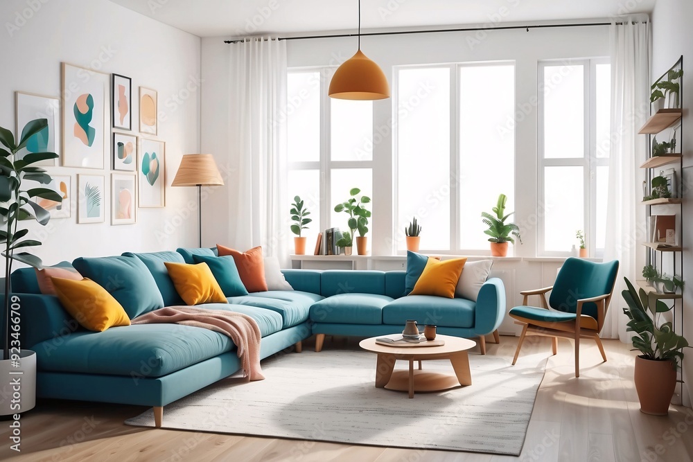 Fototapeta premium Modern home office in the living room, Convenient, comfortable, nice place to work, Remote work from home, Minimal interior décor design background.
