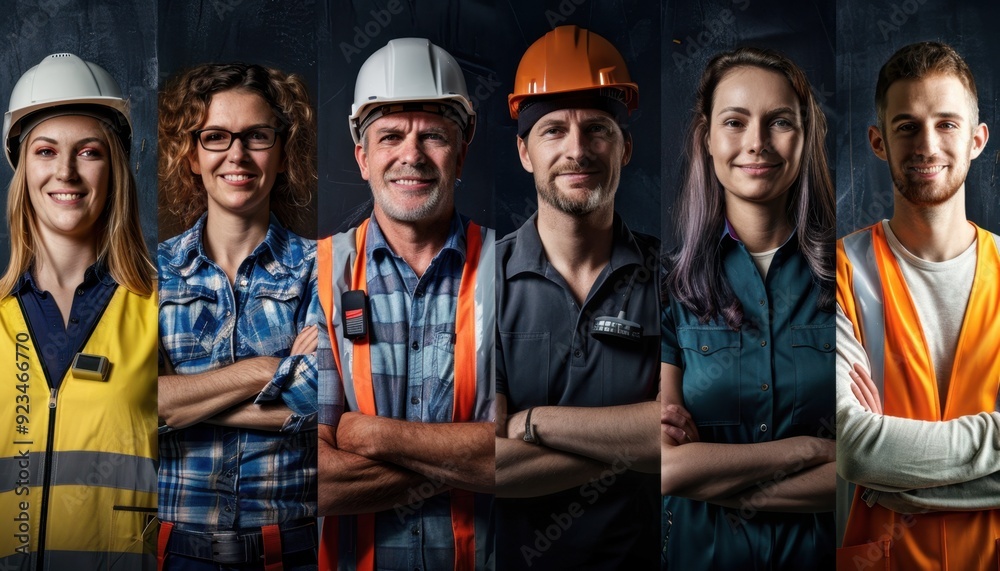Group of diverse construction workers in safety gear posing confidently indoors Group of diverse construction workers in safety gear posing confidently indoors