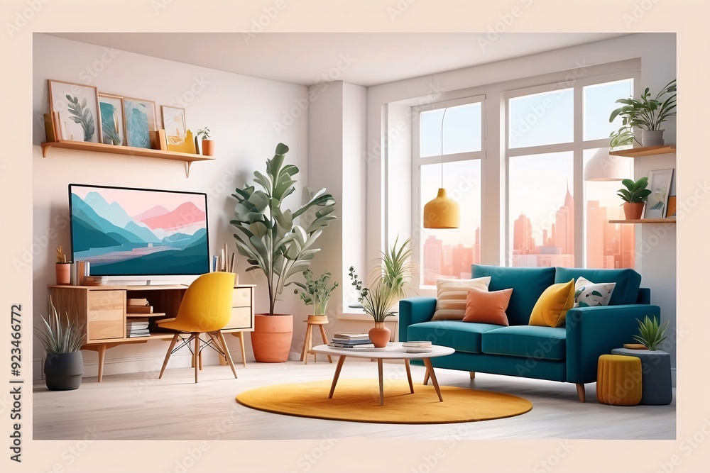 Fototapeta premium Modern home office in the living room, Convenient, comfortable, nice place to work, Remote work from home, Minimal interior décor design background.