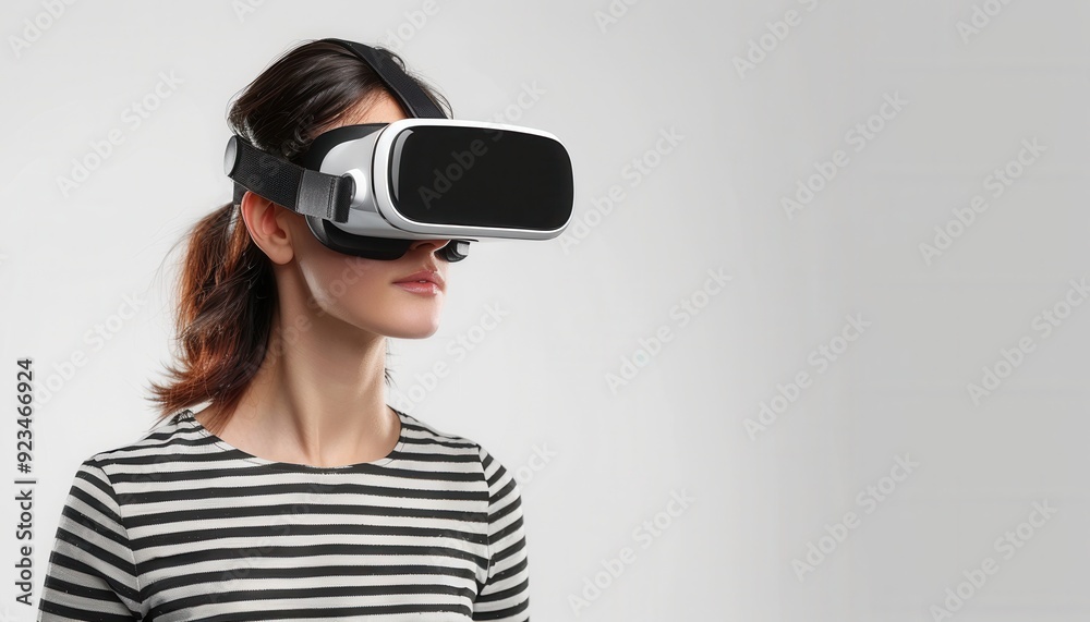 Woman wearing virtual reality headset in a modern indoor setting Woman wearing virtual reality headset in a modern indoor setting