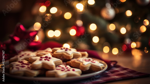 Festively decorated Christmas cookies on a plate, with a beautifully lit tree in the background.