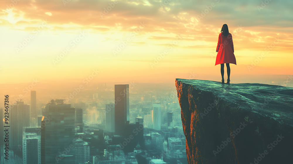 Fototapeta premium Woman in Red Coat Overlooking City at Sunset 