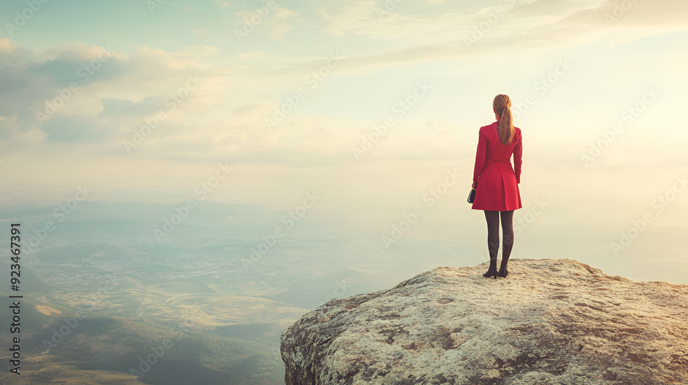 Obraz premium Woman in Red Coat on Mountain Cliff