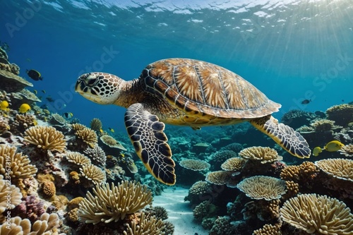 Green sea turtle swimming above a coral reef close up