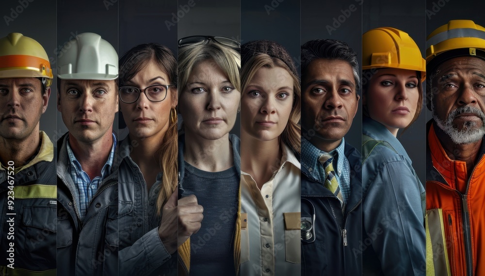 Diverse group of construction workers posing together in a studio setting Diverse group of construction workers posing together in a studio setting