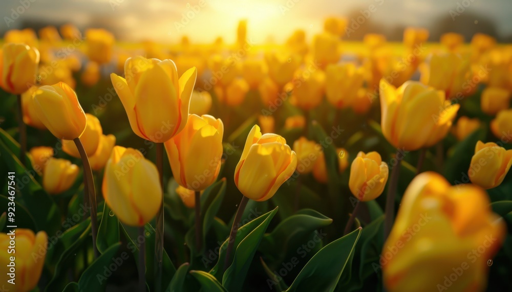 Yellow tulip field at sunset in the spring Yellow tulip field at sunset in the spring