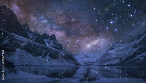 Starry night over snowy mountains and a tranquil lake in a remote wilderness