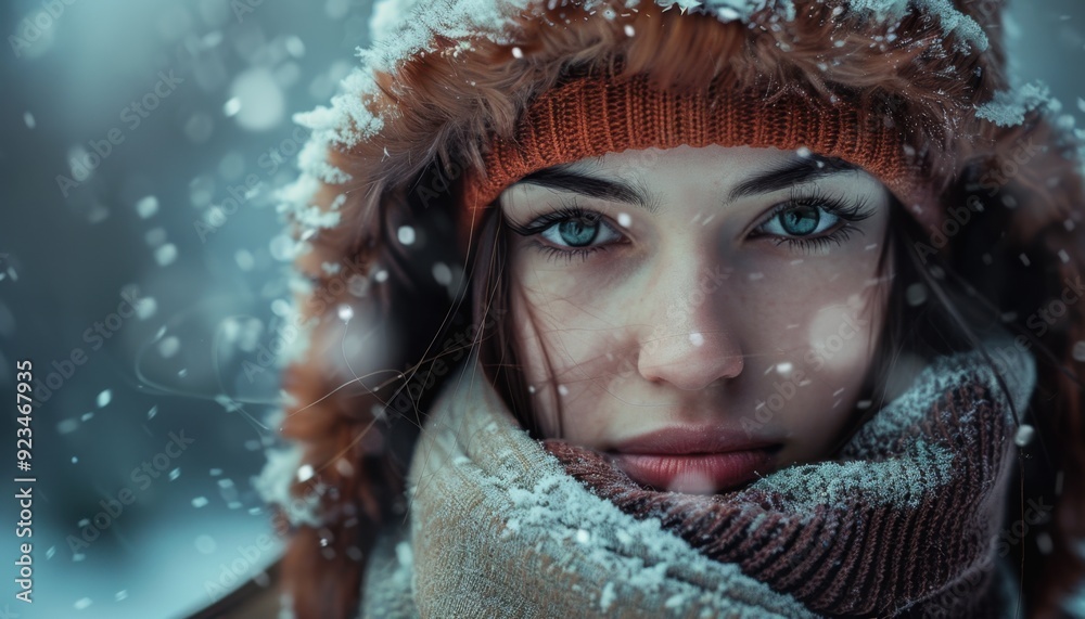 Young woman with striking eyes wearing a warm scarf and fur hood in a snowy landscape