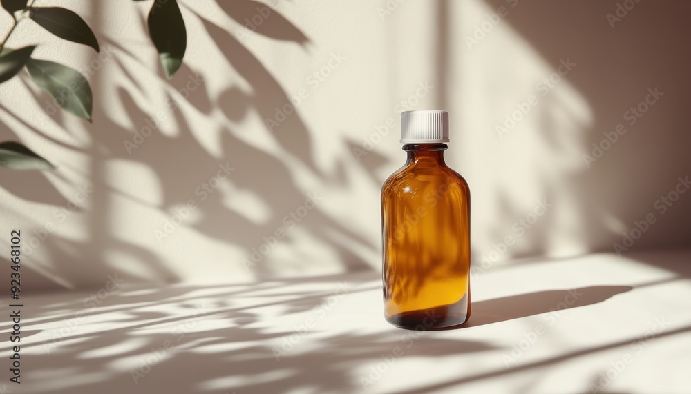 Brown glass bottle with silver cap resting on a table, surrounded by soft natural light and shadows Brown glass bottle with silver cap resting on a table, surrounded by soft natural light and shadows