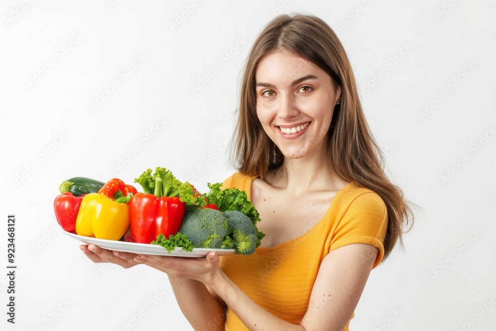A young brunette holds fresh vegetables in her hands. A young brunette holds fresh vegetables in her hands.