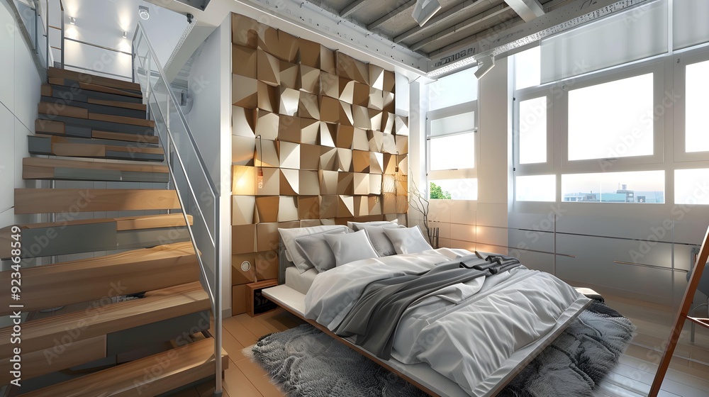 Modern loft bedroom interior with cubism decorated wall and comfortable double bed Modern loft bedroom interior with cubism decorated wall and comfortable double bed