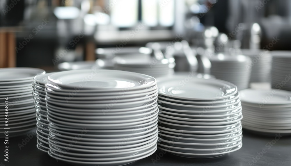 Stacked white plates in a busy restaurant kitchen ready for service during lunchtime rush