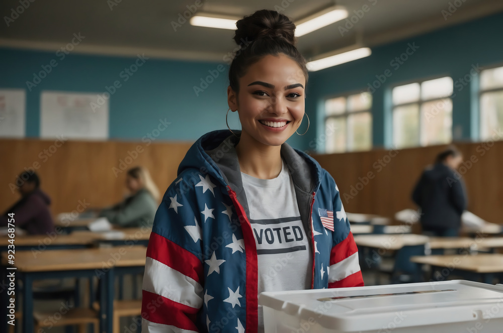 Obraz premium Happy Gen Z woman wearing American flag jacket, joyfully voting at polling station.