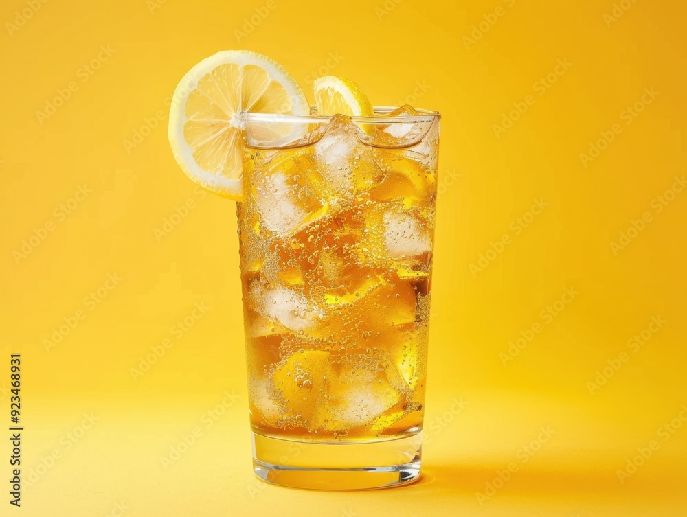Refreshing iced tea with lemon slices and mint served in a glass against a vibrant yellow background Refreshing iced tea with lemon slices and mint served in a glass against a vibrant yellow background