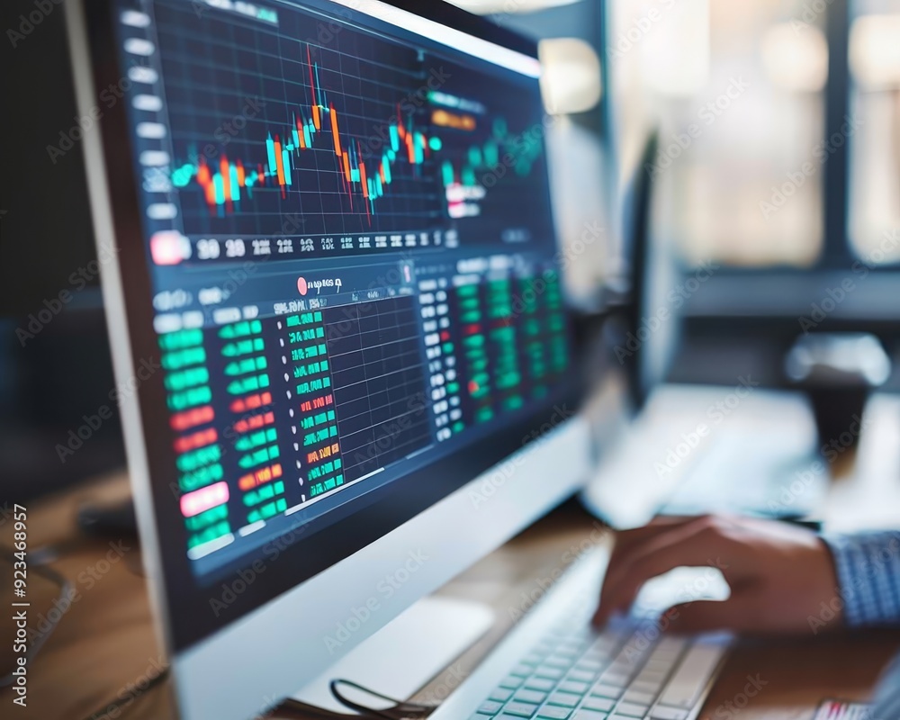Close-up of a computer screen displaying financial data, stock market trends, and trading activity for investors and analysts. Close-up of a computer screen displaying financial data, stock market trends, and trading activity for investors and analysts.