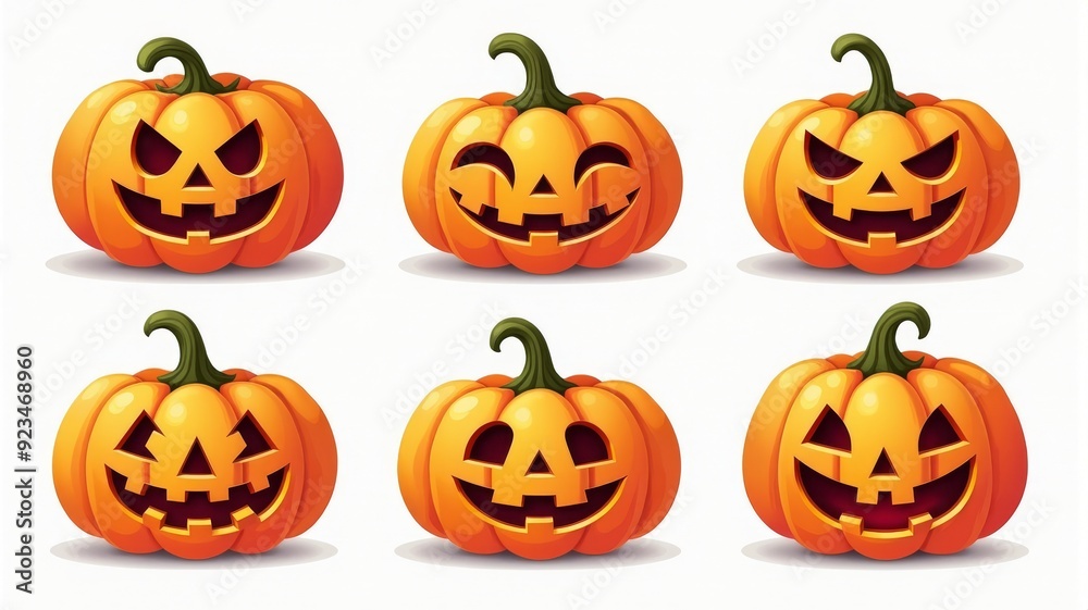 Six Halloween Pumpkins with Various Spooky and Fun Carved Faces - Illustration for Halloween Festivities Six Halloween Pumpkins with Various Spooky and Fun Carved Faces - Illustration for Halloween Festivities