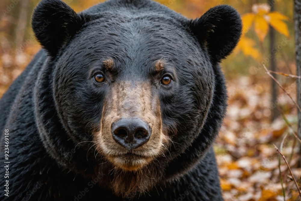 American Black bear face up close looking at the camera in the meadow in autumn American Black bear face up close looking at the camera in the meadow in autumn