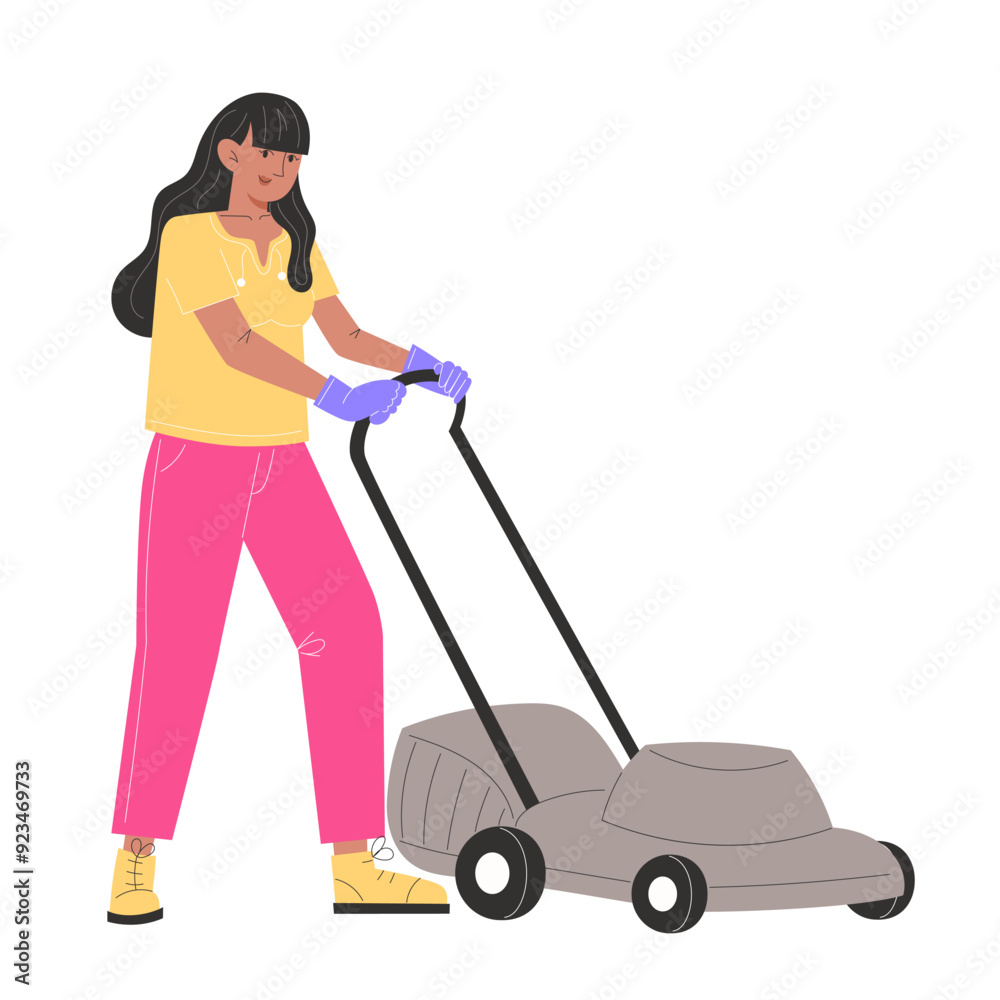 A young woman mows the lawn with a lawnmower A young woman mows the lawn with a lawnmower