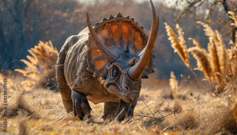 Triceratops walking through a grassy field during the late afternoon light Triceratops walking through a grassy field during the late afternoon light