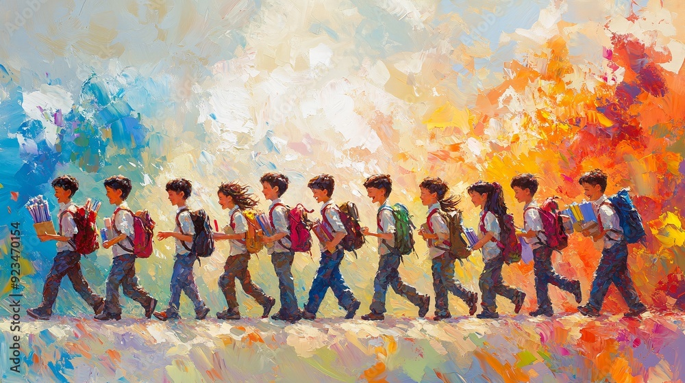 Obraz premium Joyful Children Embrace Back to School Spirit while Carrying Colorful Supplies Amid Laught