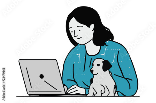 A women sitting at the desk at the desk with her laptop with a dog - Generative AI