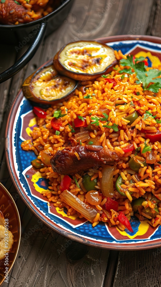 Jollof rice on a white plate, homemade nigerian jollof rice on a plate