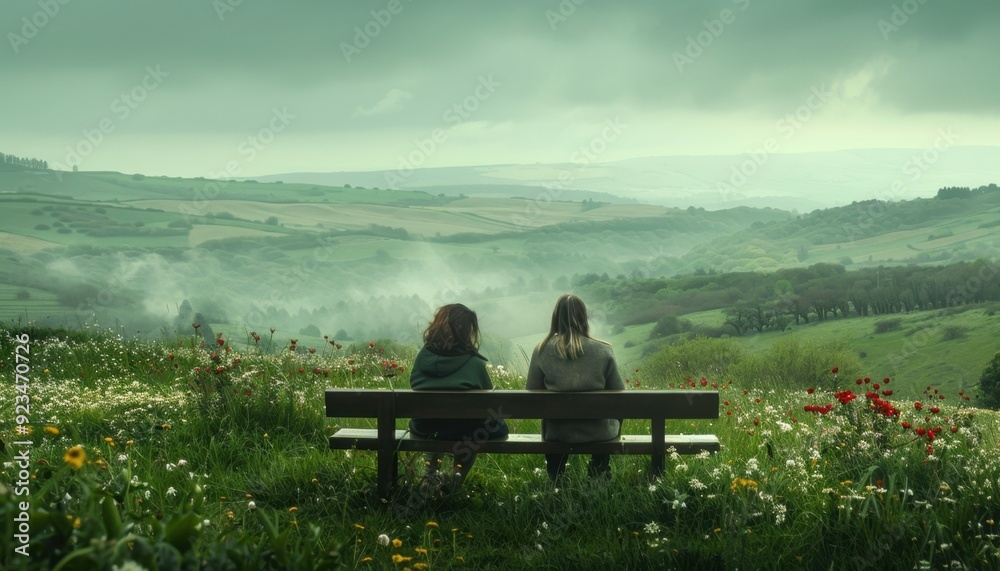 Two friends sitting on a bench overlooking a misty green valley during a cloudy afternoon Two friends sitting on a bench overlooking a misty green valley during a cloudy afternoon
