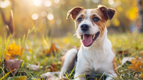 A happy dog sits on green grass during a sunny day, capturing a joyful and carefree moment in a natural outdoor setting with bright and warm surroundings. photo