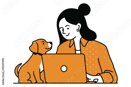 A women sitting at the desk at the desk with her laptop with a dog - Generative AI