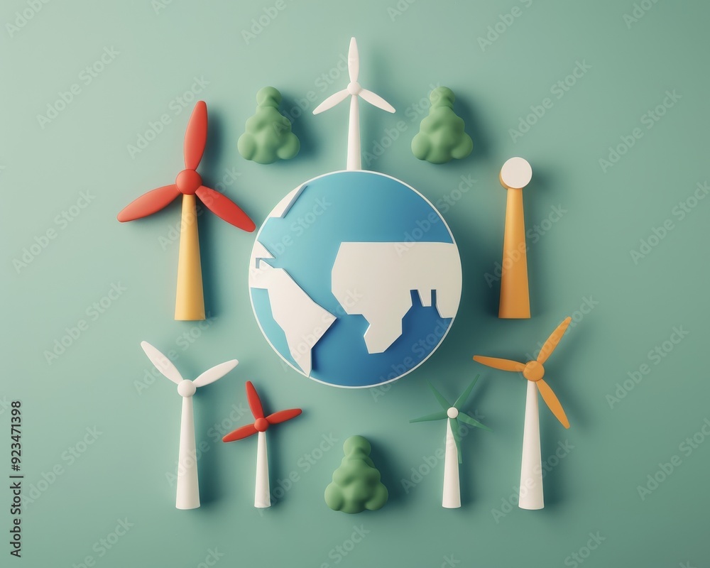 Creative representation of renewable energy with wind turbines and a globe, emphasizing sustainability and eco-friendliness. Creative representation of renewable energy with wind turbines and a globe, emphasizing sustainability and eco-friendliness.