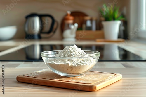 a glass bowl of powdered milk on a wooden board in a kitchen photo