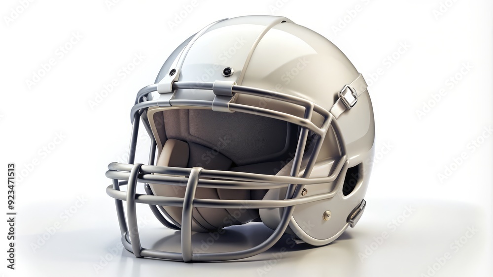Fototapeta premium Empty football helmet on a white background, ready for customization, with a blank facemask and a generic team decal, perfect for designing sports templates.