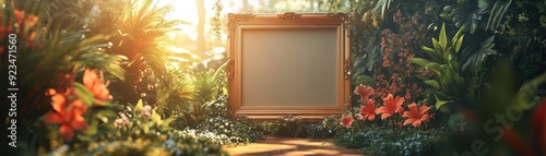 Golden Picture Frame in a Lush Garden with Vibrant Flowers and Sunlight